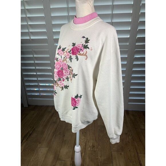 Vtg Grandma Core Double Collar White Pink Flowers Sweatshirt M/L K Hamilton - Picture 5 of 12